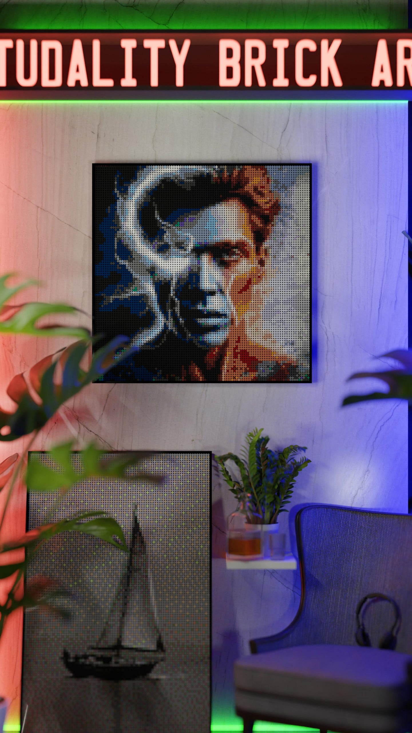 Johnny Omegabyte LEGO® Style mosaic wall art made from colorful plastic bricks